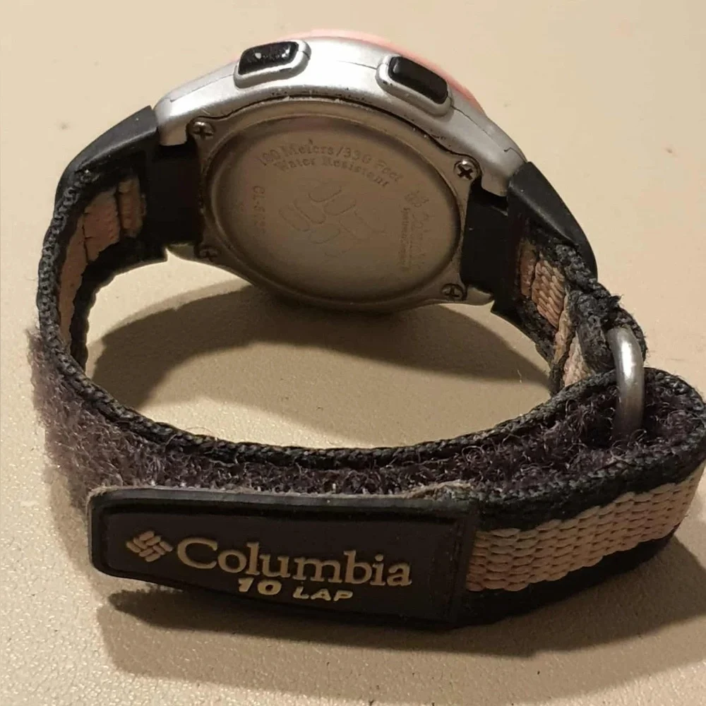 🦋10/$20🦋 Columbia CL-5023 Silver/Pink Nylon Digital Alarm Chrono Women's Watch